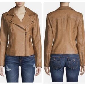 MAX STUDIO Women’s Tan / Cognac Washed Faux Leather Moto Jacket Large